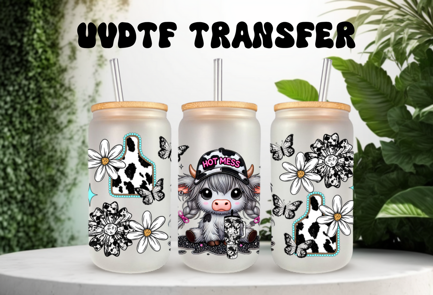 UVDTF Wrap Highland Cow Hot Mess 16oz Can Glass Mug Tumbler Wrap, Ready to apply, Permanent Waterproof Adhesive