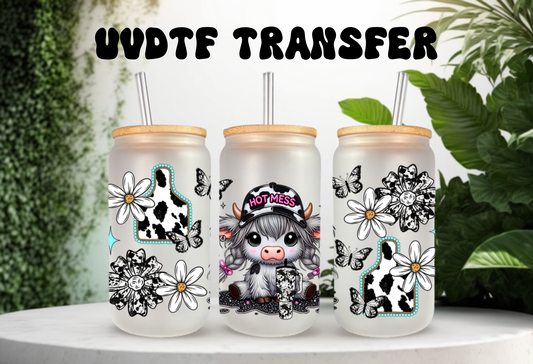 UVDTF Wrap Highland Cow Hot Mess 16oz Can Glass Mug Tumbler Wrap, Ready to apply, Permanent Waterproof Adhesive