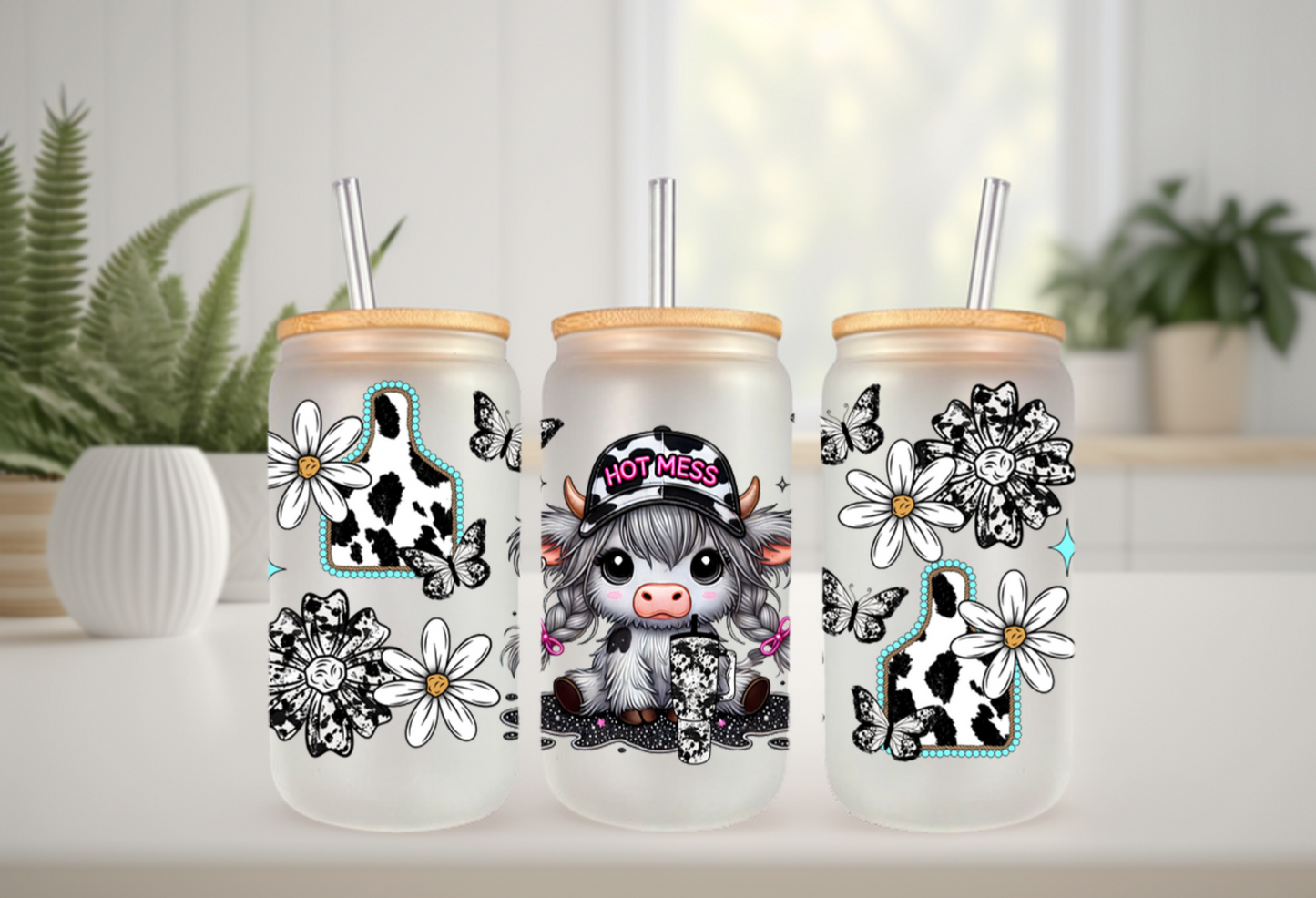 UVDTF Wrap Highland Cow Hot Mess 16oz Can Glass Mug Tumbler Wrap, Ready to apply, Permanent Waterproof Adhesive