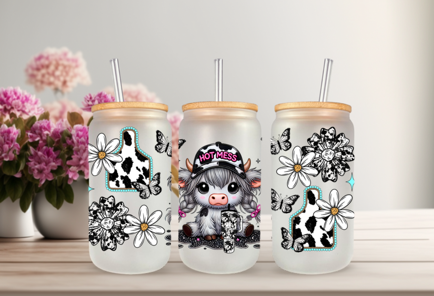 UVDTF Wrap Highland Cow Hot Mess 16oz Can Glass Mug Tumbler Wrap, Ready to apply, Permanent Waterproof Adhesive