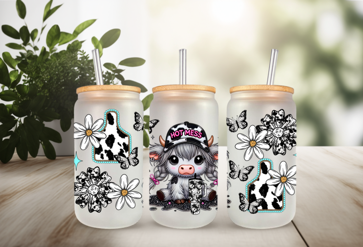 UVDTF Wrap Highland Cow Hot Mess 16oz Can Glass Mug Tumbler Wrap, Ready to apply, Permanent Waterproof Adhesive