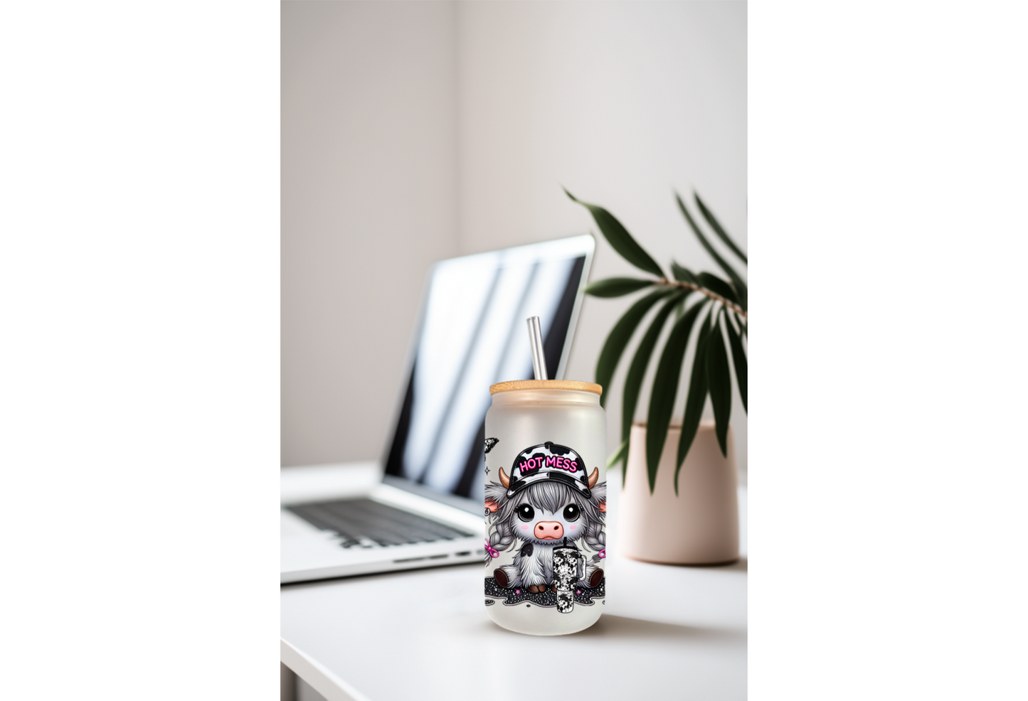 UVDTF Wrap Highland Cow Hot Mess 16oz Can Glass Mug Tumbler Wrap, Ready to apply, Permanent Waterproof Adhesive