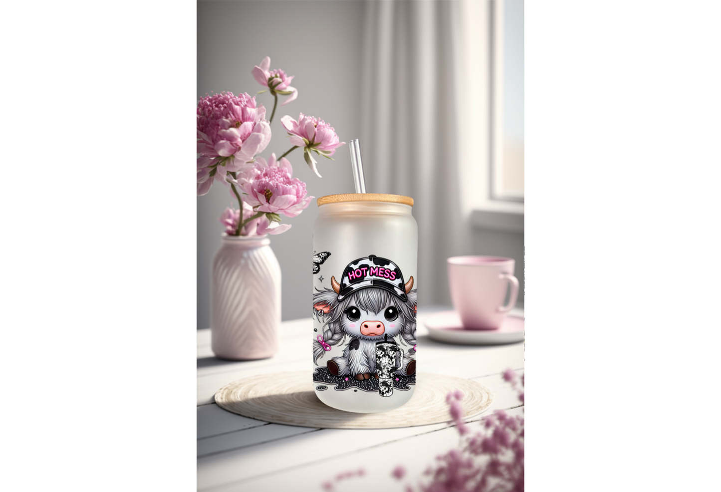 UVDTF Wrap Highland Cow Hot Mess 16oz Can Glass Mug Tumbler Wrap, Ready to apply, Permanent Waterproof Adhesive