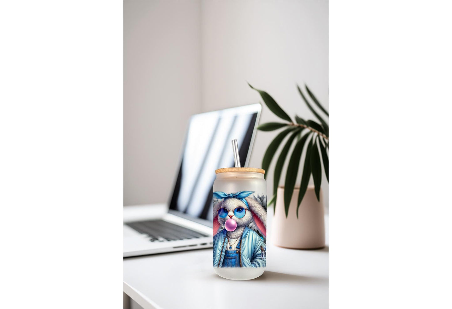 UVDTF Wrap Floral Bunny Bubble Gum 16oz Can Glass Mug Tumbler, Ready to Apply, Permanent Waterproof Adhesive
