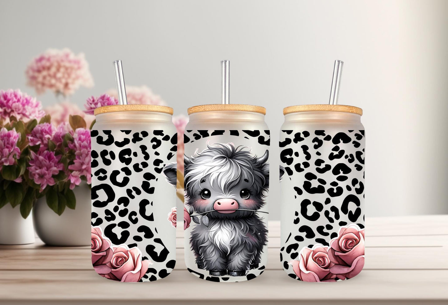 UVDTF Wrap Highland Cow Roses Leopard Print 16oz Can Glass Mug Tumbler Wrap, Geese Wrap, Ready to apply, Permanent Adhesive