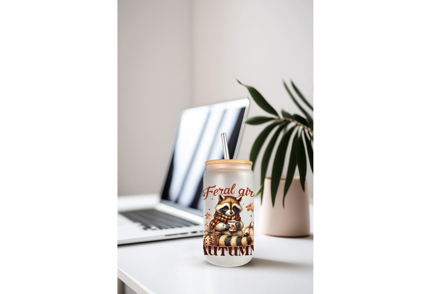 UVDTF Wrap Feral Girl Autumn Racoon Pumpkin for 16oz Can Glass Mug Tumbler, Ready to apply, Permanent Adhesive, Double Sided option