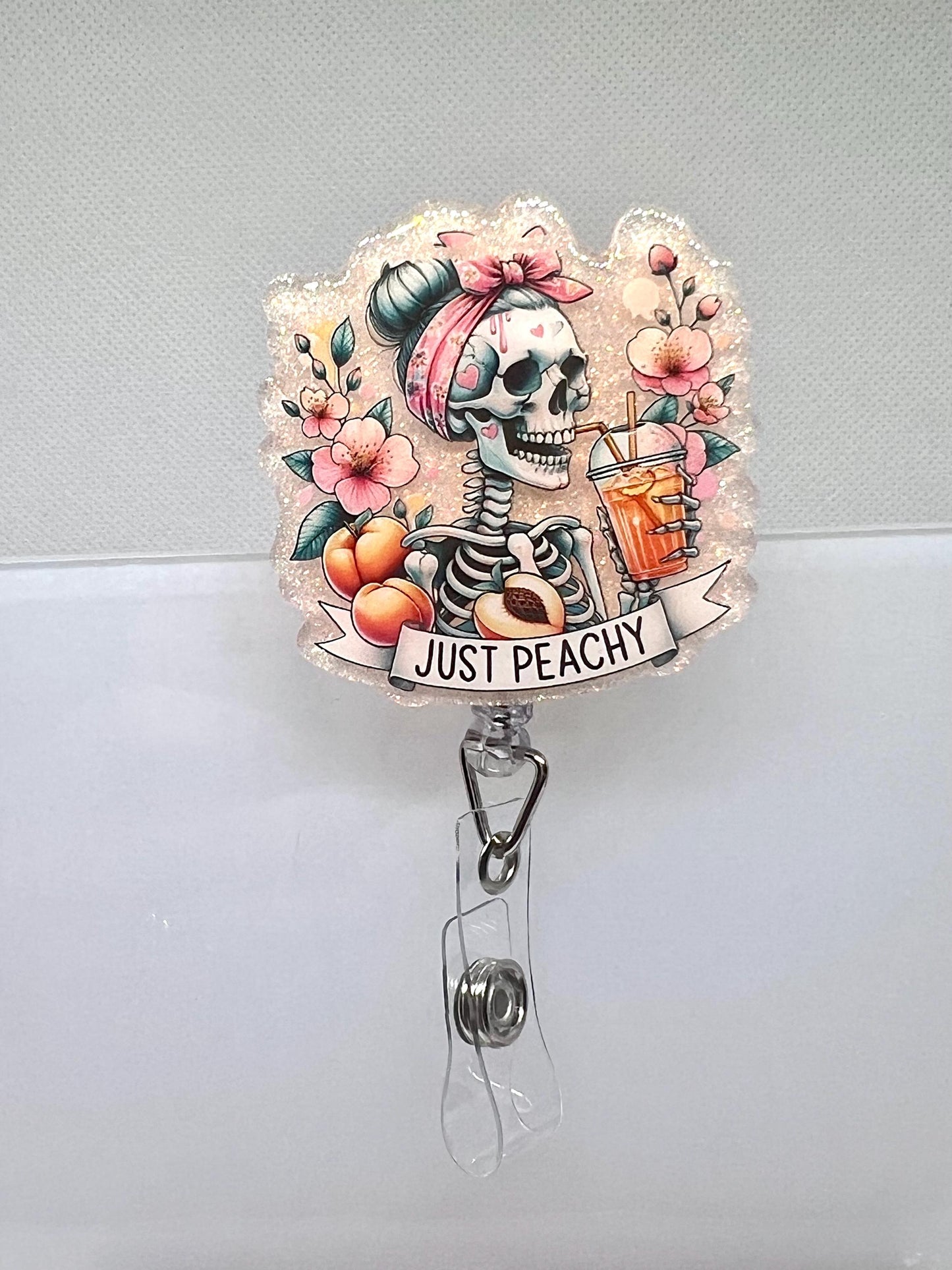 Just Peachy Badge Reel – Glittery Skeleton with Peaches and Flowers, Fun Retractable ID Holder
