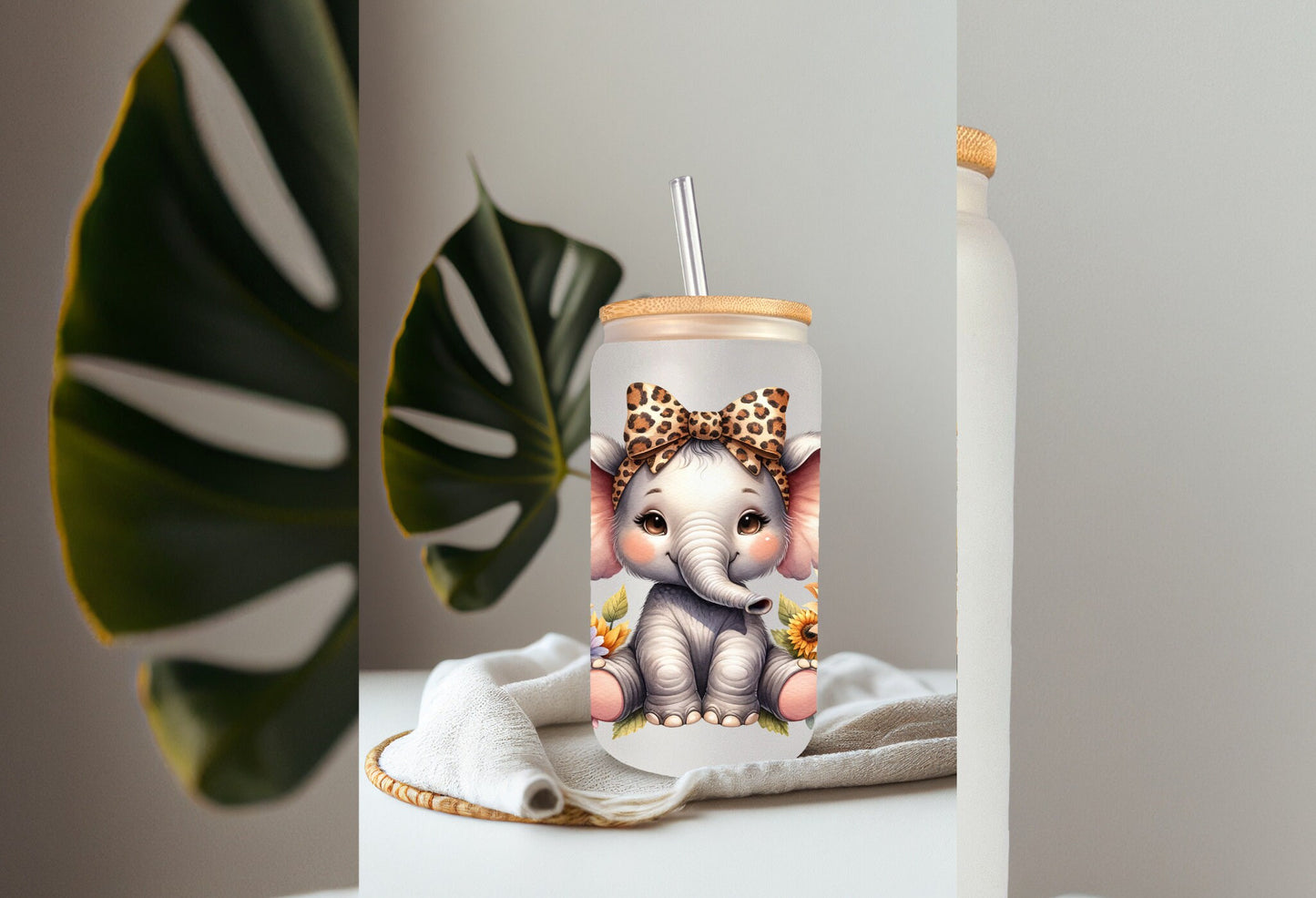 UVDTF Wrap Elephant Sunflowers 16oz Can Glass Mug Tumbler Wrap, Ready to apply, Permanent Adhesive, Double sided option