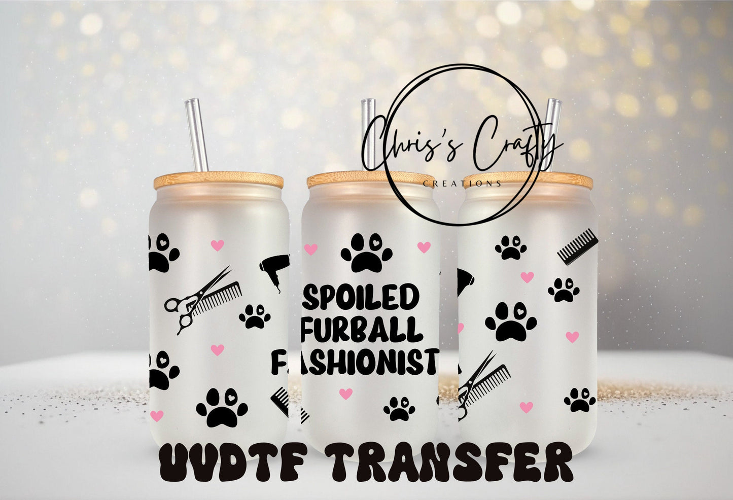 UVDTF Wrap Spoiled Furball Fashionista 16oz Can Glass Mug Tumbler, Dog Groomer Wrap, Ready to apply,  Permanent Adhesive Waterproof