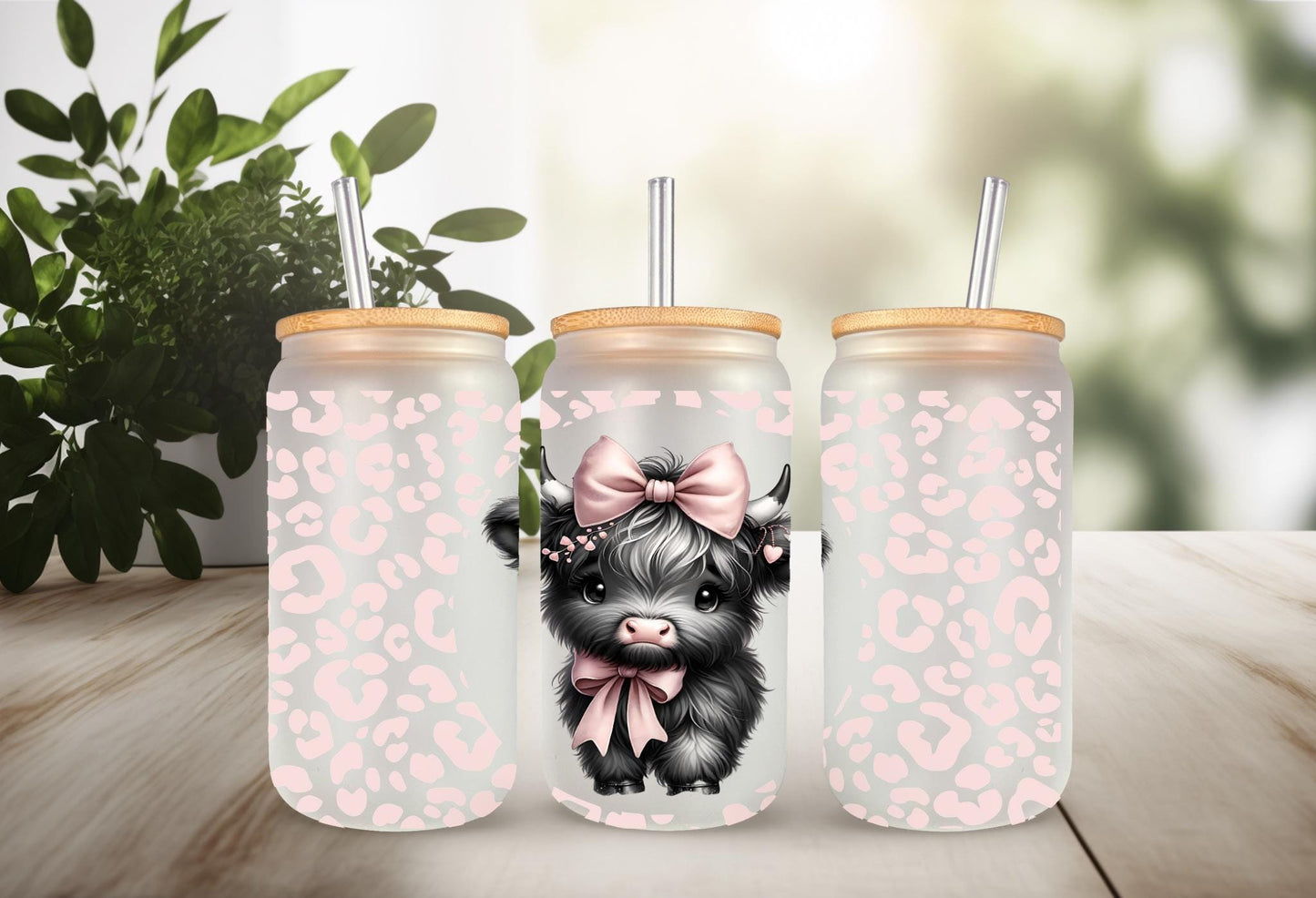 UVDTF Wrap Highland Cow pink Bow Leopard Print 16oz Can Glass Mug Tumbler Wrap, Geese Wrap, Ready to apply, Permanent Adhesive