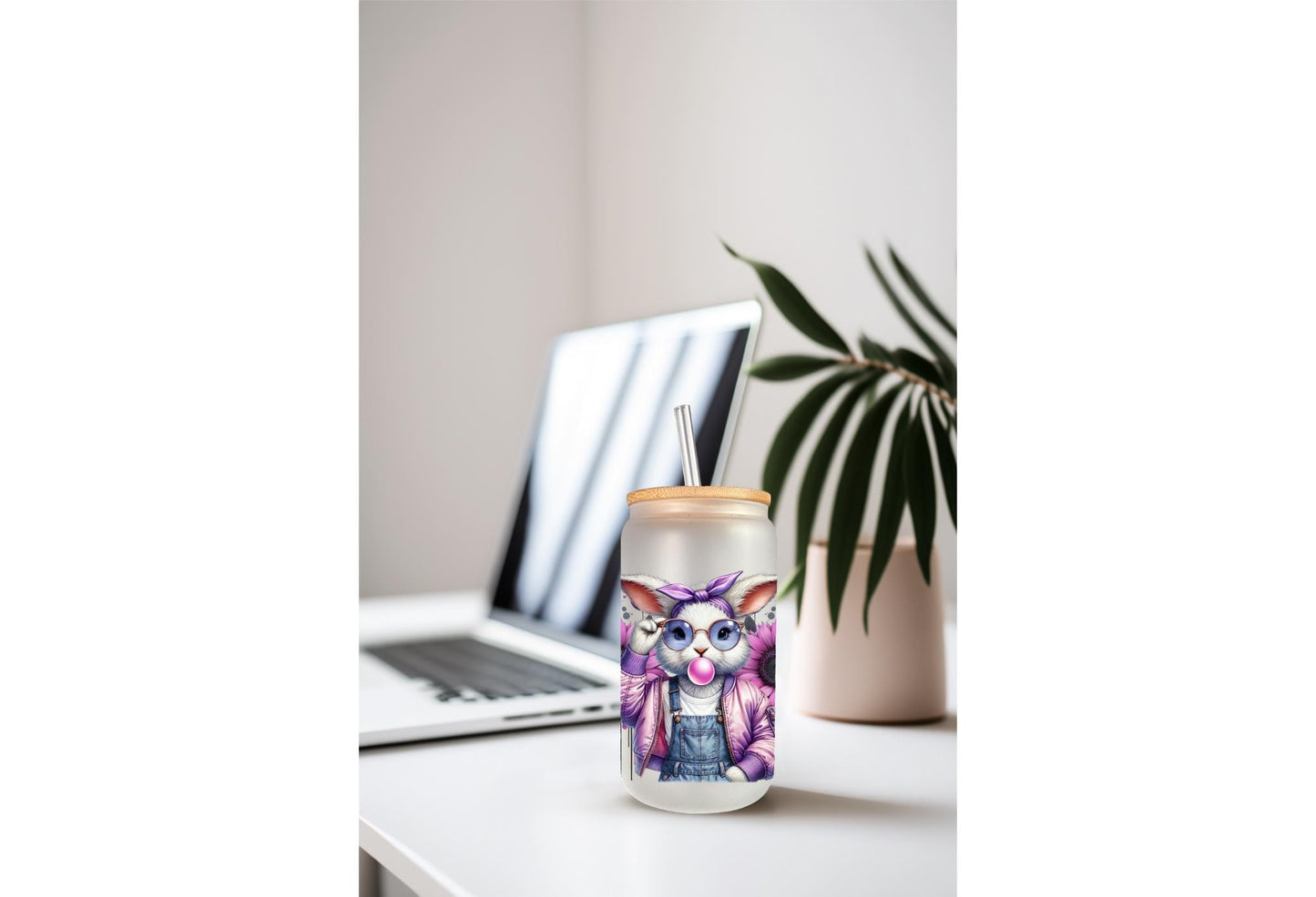 UVDTF Wrap Floral Bunny Bubble Gum 16oz Can Glass Mug Tumbler, Purple Easter Wrap, Ready to Apply, Permanent Waterproof Adhesive