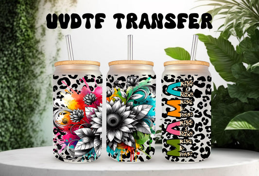 UVDTF Wrap Floral Mama Leopard Print 16oz Can Glass Mug Tumbler, Ready to apply, Permanent Waterproof Adhesive