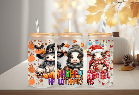 UVDTF Wrap Cows Happy Hallothankmas 16oz Can Glass Mug Tumbler, Ready to Apply, Permanent Waterproof Adhesive