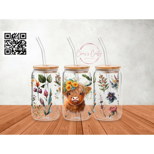 UVDTF Wrap Highland Cow Flowers 16oz Can Glass Mug Tumbler, Ready to Apply, Permanent Waterproof Adhesive