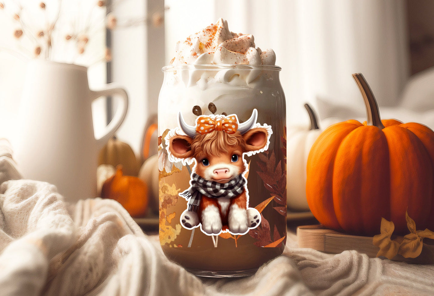 Cup Wrap Decal - Fall Floral Wrap With Cow Girl Design, 16 oz Glass Mug Sticker