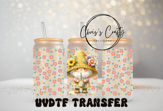 UVDTF Wrap Cute Floral Gnome Iced Coffee Exclusive for 16 oz can or 40 oz | Ready to Apply | Permanent Adhesive | Add on a cup