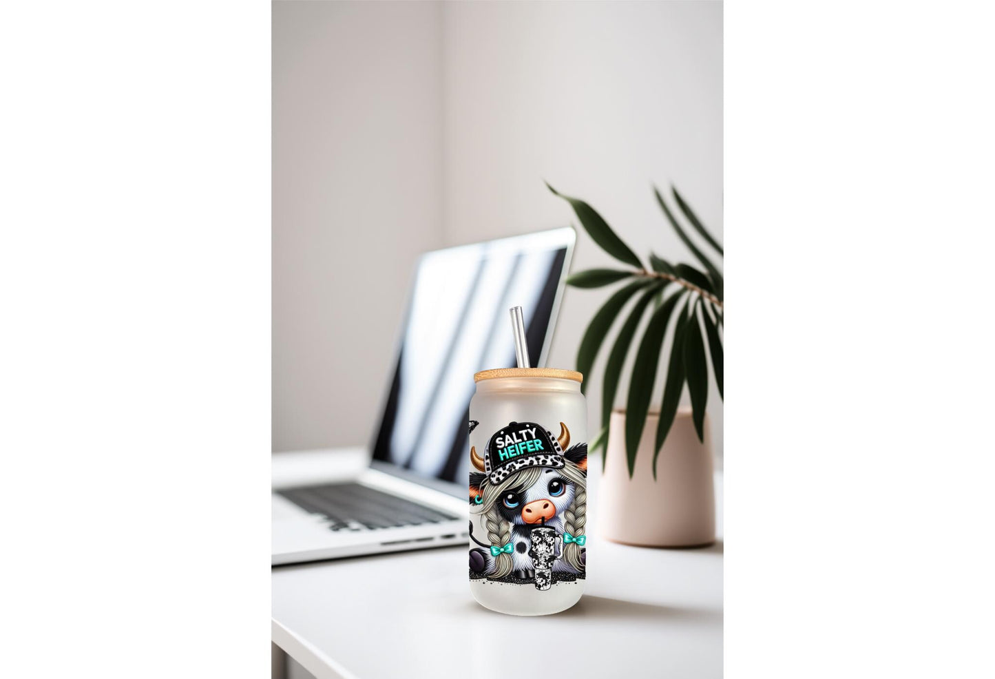 UVDTF Wrap Highland Cow Salty Heifer 16oz Can Glass Mug Tumbler Wrap, Cow Print, Ready to apply, Permanent Waterproof Adhesive