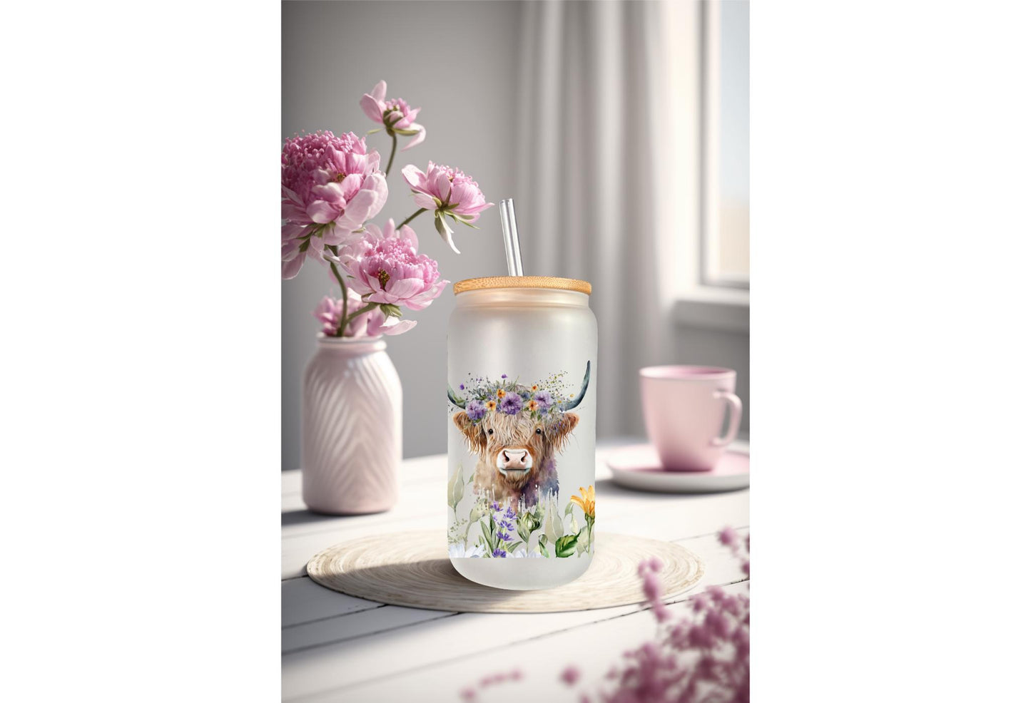 UVDTF Highland Cow Wild Flowers Daisies 16oz Can Glass Mug Tumbler, Cow Floral Wrap, Ready to Apply, Permanent Waterproof Adhesive
