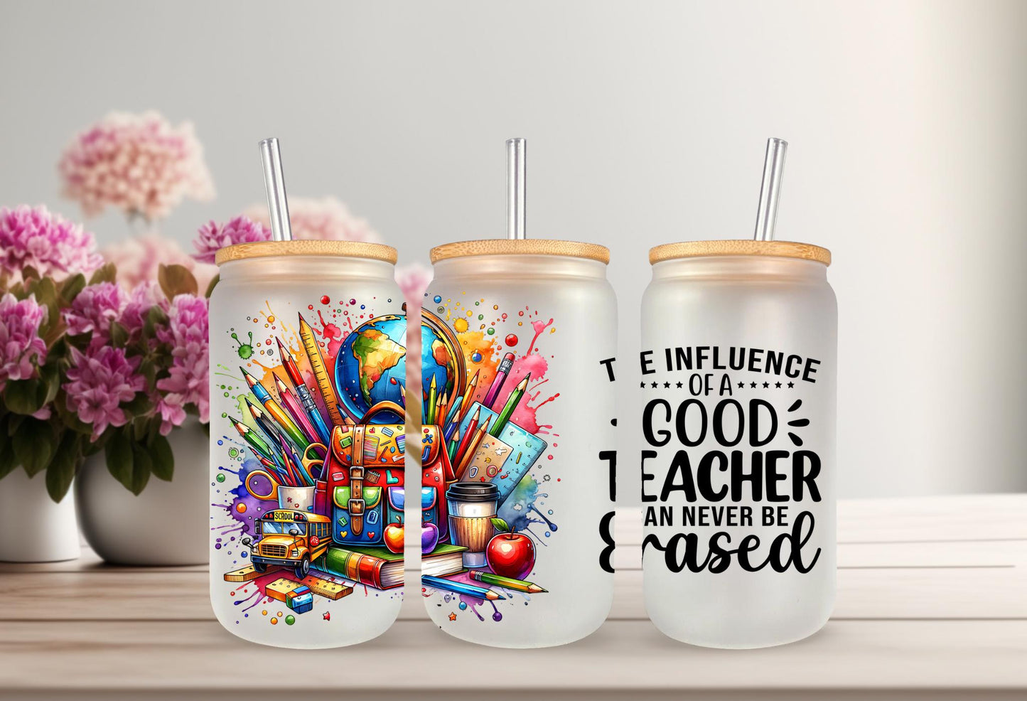UVDTF Wrap Good Teacher 16oz Can Glass Mug Tumbler, Teacher Gift, Ready to Apply, Permanent Waterproof Adhesive