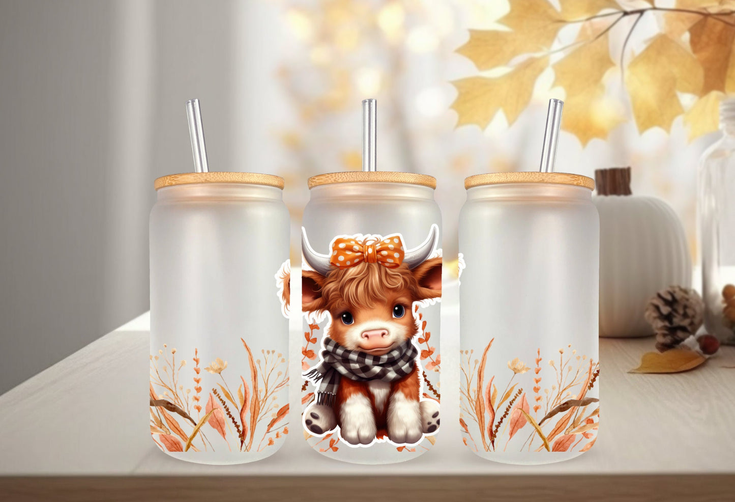UVDTF Wrap Cute Fall Cow Girl Floral 16 oz Can Glass, Mug, Tumbler, Ready to apply, Permanent Waterproof Adhesive