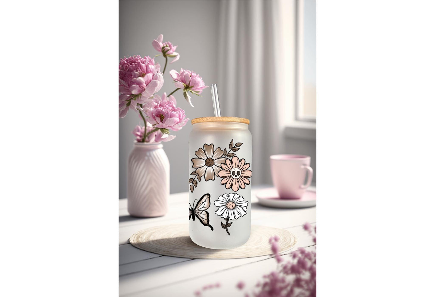 UVDTF Wrap Floral Butterfly Skull for 16oz Can Glass Mug Tumbler, Daisy Wrap, Ready to Apply, Permanent Waterproof Adhesive (Copy)