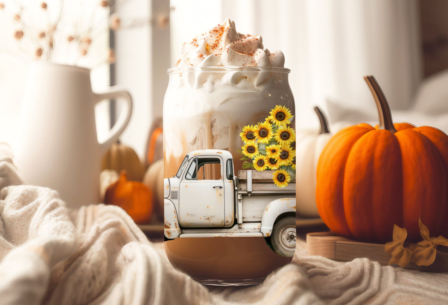 UVDTF Wrap Sunflower Vintage Truck Fall 16 oz Can Glass, Mug, Tumbler, Double Sided Print Option, Ready to Apply, Permanent Adhesive