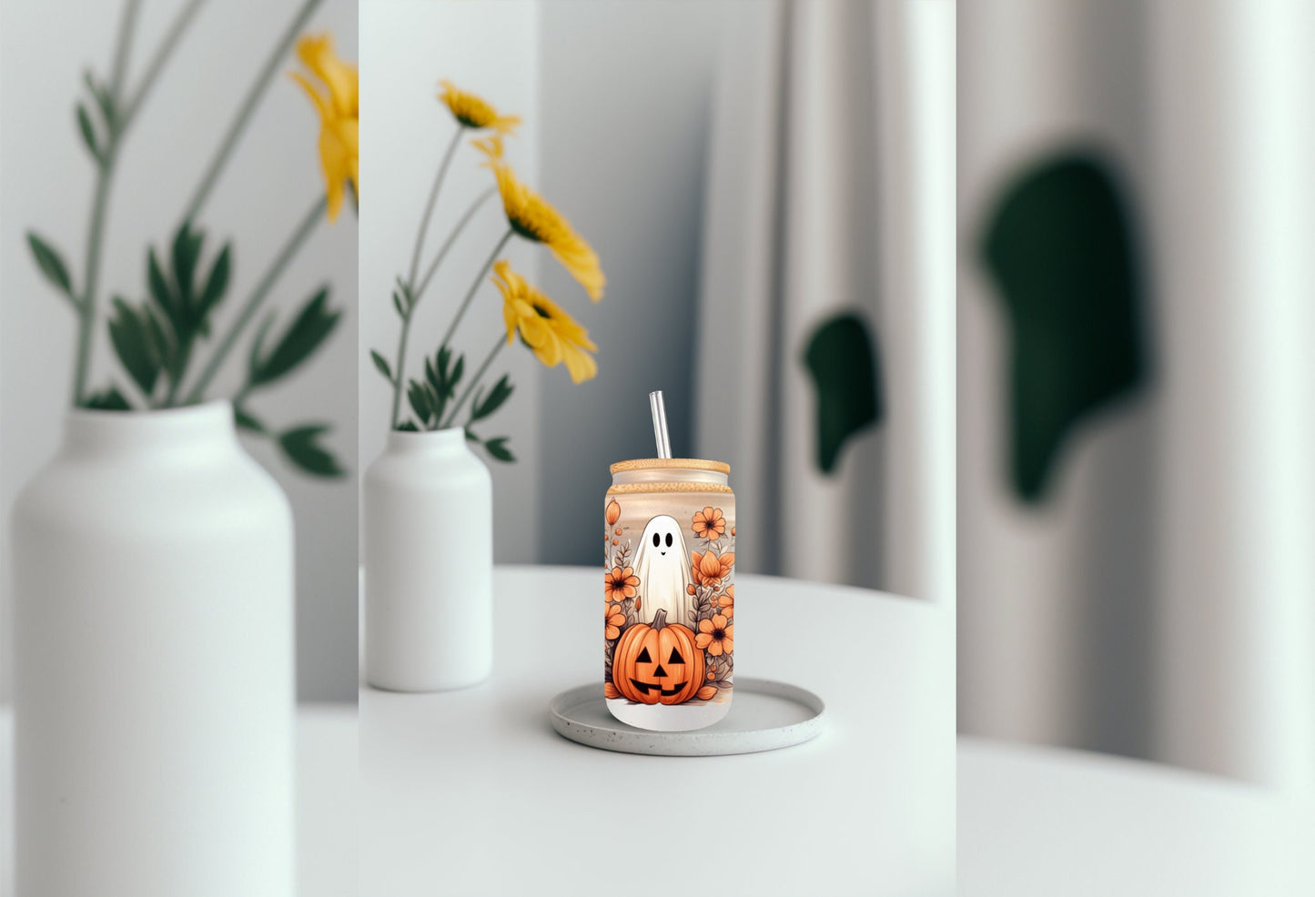 UVDTF Decal Pumpkin Floral Ghost 16oz Can Glass Mug Tumbler, Fall Decal, Ready to Apply, Permanent Waterproof Adhesive, add on a cup