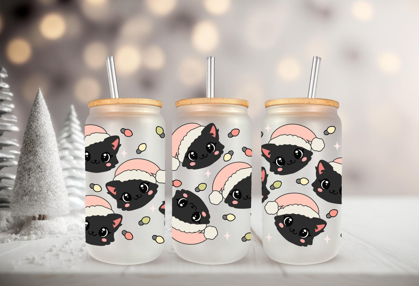 UVDTF Wrap Santa Cat Hat 16oz Can Glass Mug Tumbler, Cat Wrap, Ready to Apply, Waterproof Permanent Adhesive