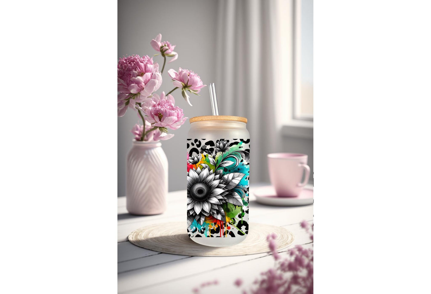 UVDTF Wrap Floral Mama Leopard Print 16oz Can Glass Mug Tumbler, Ready to apply, Permanent Waterproof Adhesive