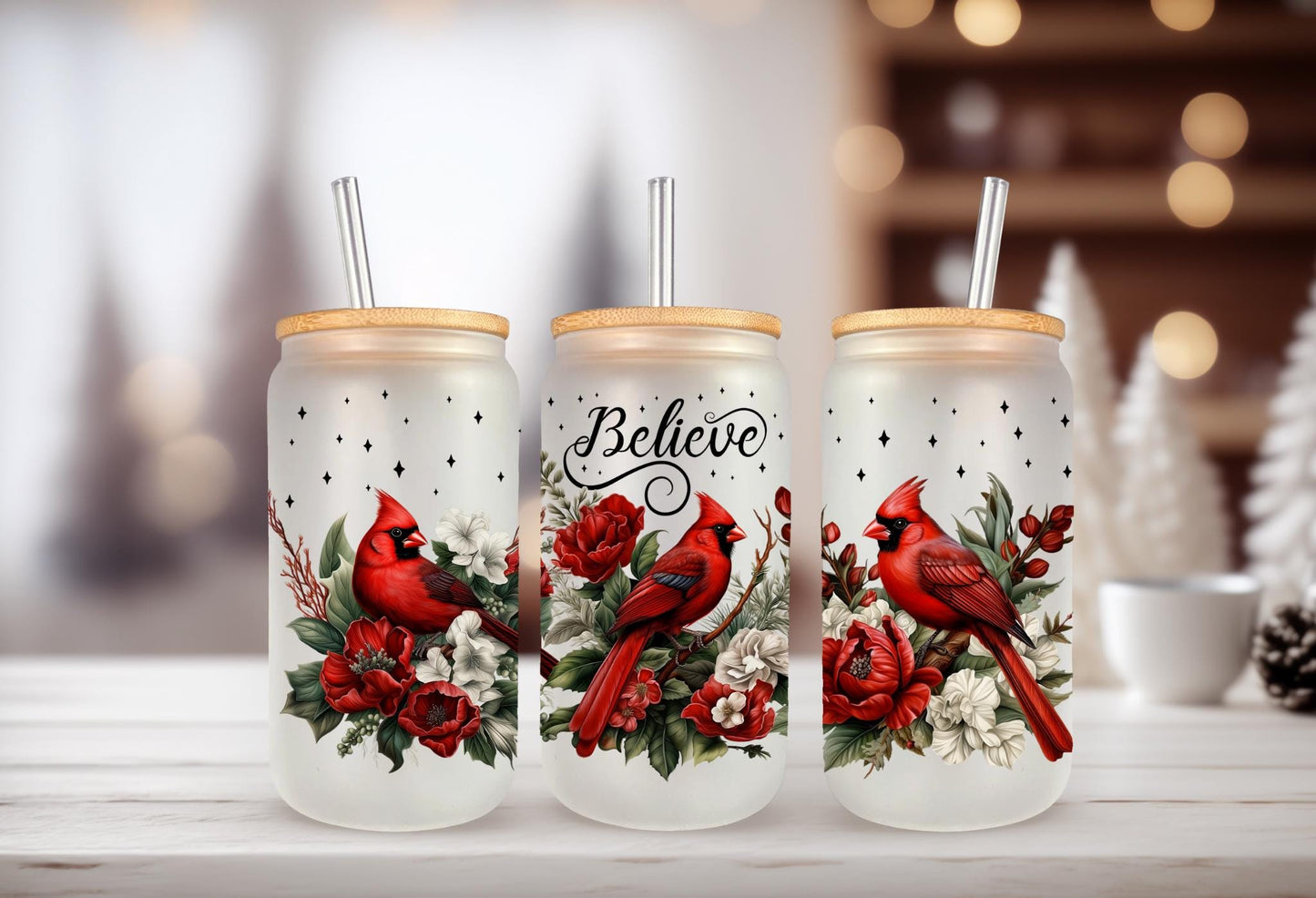 UVDTF WRAP Cardinal Believe Christmas 16oz Can Glass Mug Tumbler, Ready to apply, Waterproof Permanent Adhesive