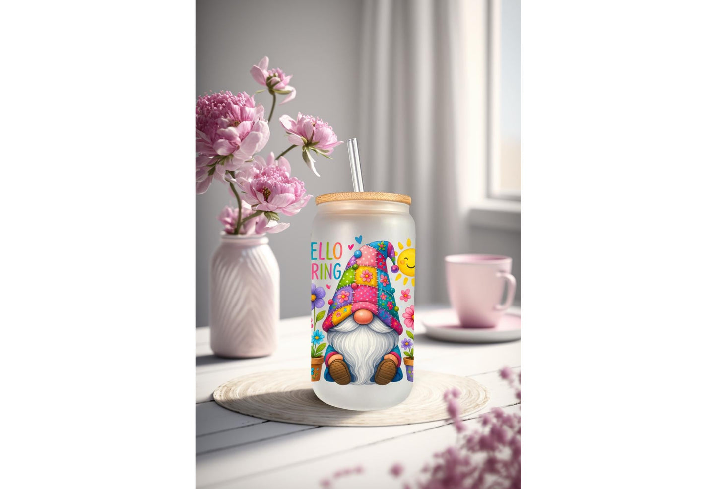 UVDTF Wrap Gnome Hello Spring 16oz Can Glass Mug Tumbler Wrap, Gnome Wrap, Ready to apply, Permanent Waterproof Adhesive