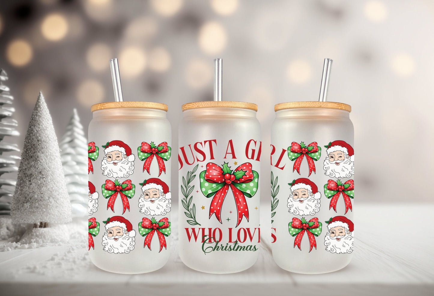 UVDTF Wrap Just a Girl Who Loves Christmas Coquettes Bows 16oz Can Glass, Mug,  40oz  Tumbler, Ready to apply, Christmas Wrap