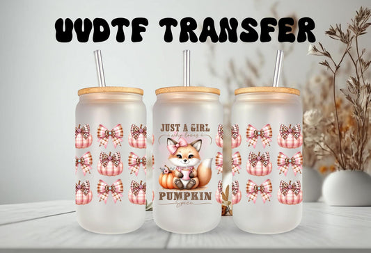 UVDTF Wrap Just a Girl Who Loves Pumpkin Spice for 16oz Can Glass Mug Tumbler, Fox Wrap, Ready to apply, Permanent Waterproof adhesive