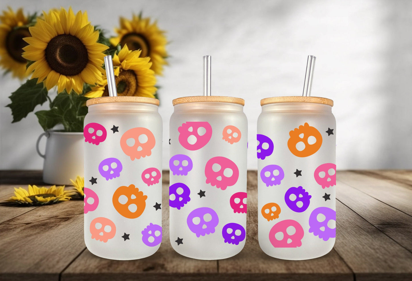 UVDTF Wrap Colorful Skull  for 16oz Can Glass, Mug, or Tumbler, Halloween Candy, Ready to apply, Permanent Adhesive Waterproof