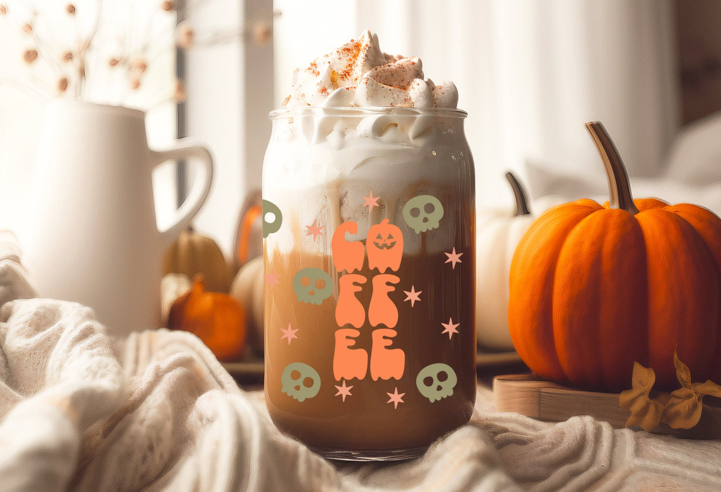 UVDTF  Wrap Skull Coffee Pumpkin for 16oz Can Glass, Mug, or Tumbler, Halloween Candy, Ready to apply, Permanent Adhesive Waterproof