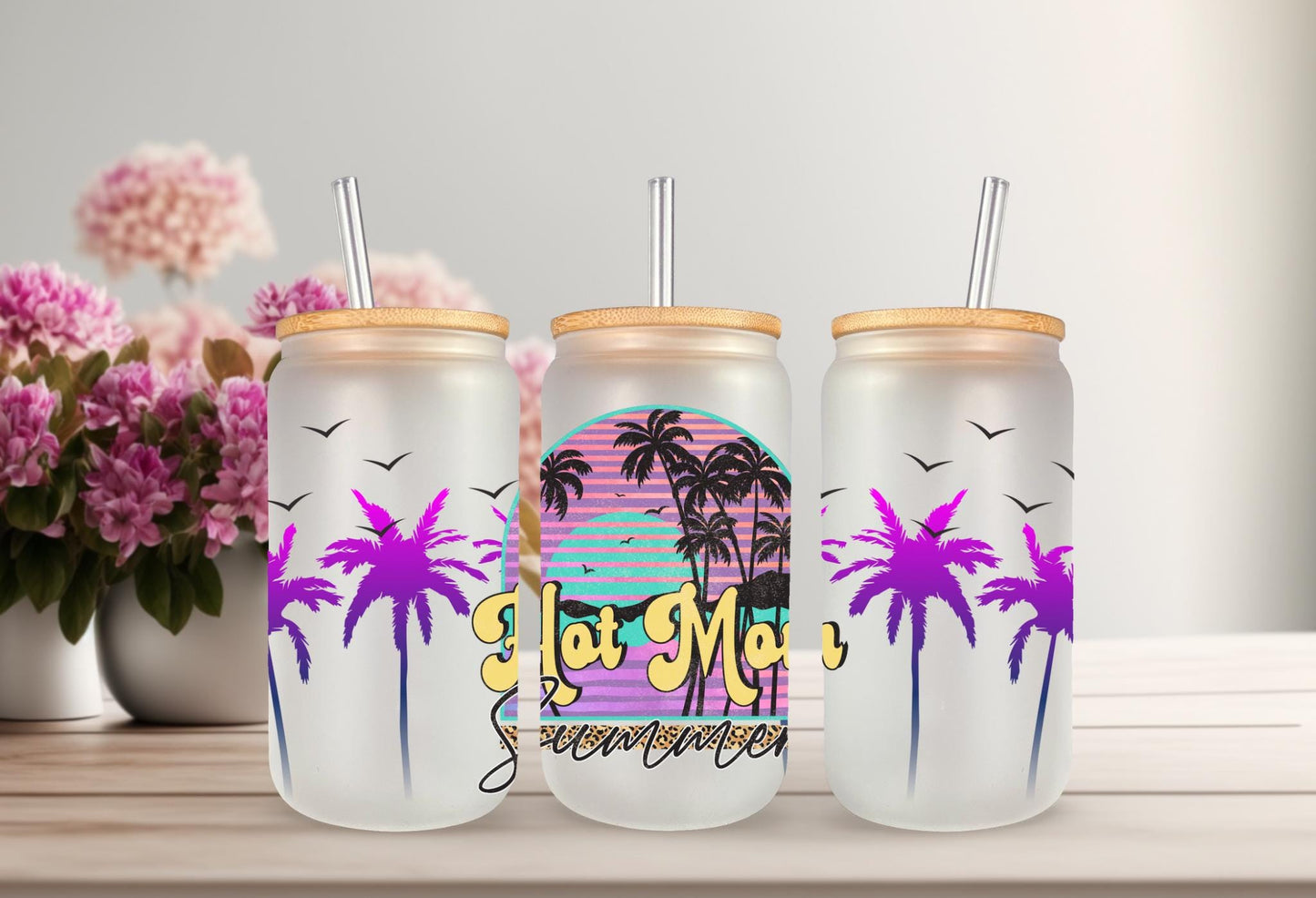 UVDTF Wrap Hot Mom Summer Palms for 16oz Can Glass Mug Tumbler, Ready to apply, Permanent waterproof adhesive