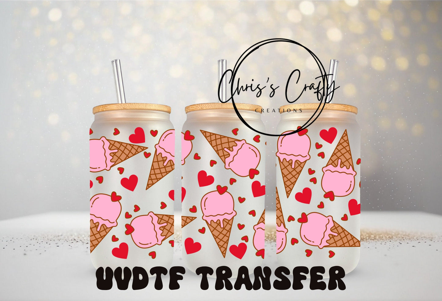 UVDTF WRAPS Valentine Red Hearts XOXO Bundle Set of 4 for 16oz Can Glass Mug Tumbler, Ready to Apply, Permanent Waterproof Adhesive