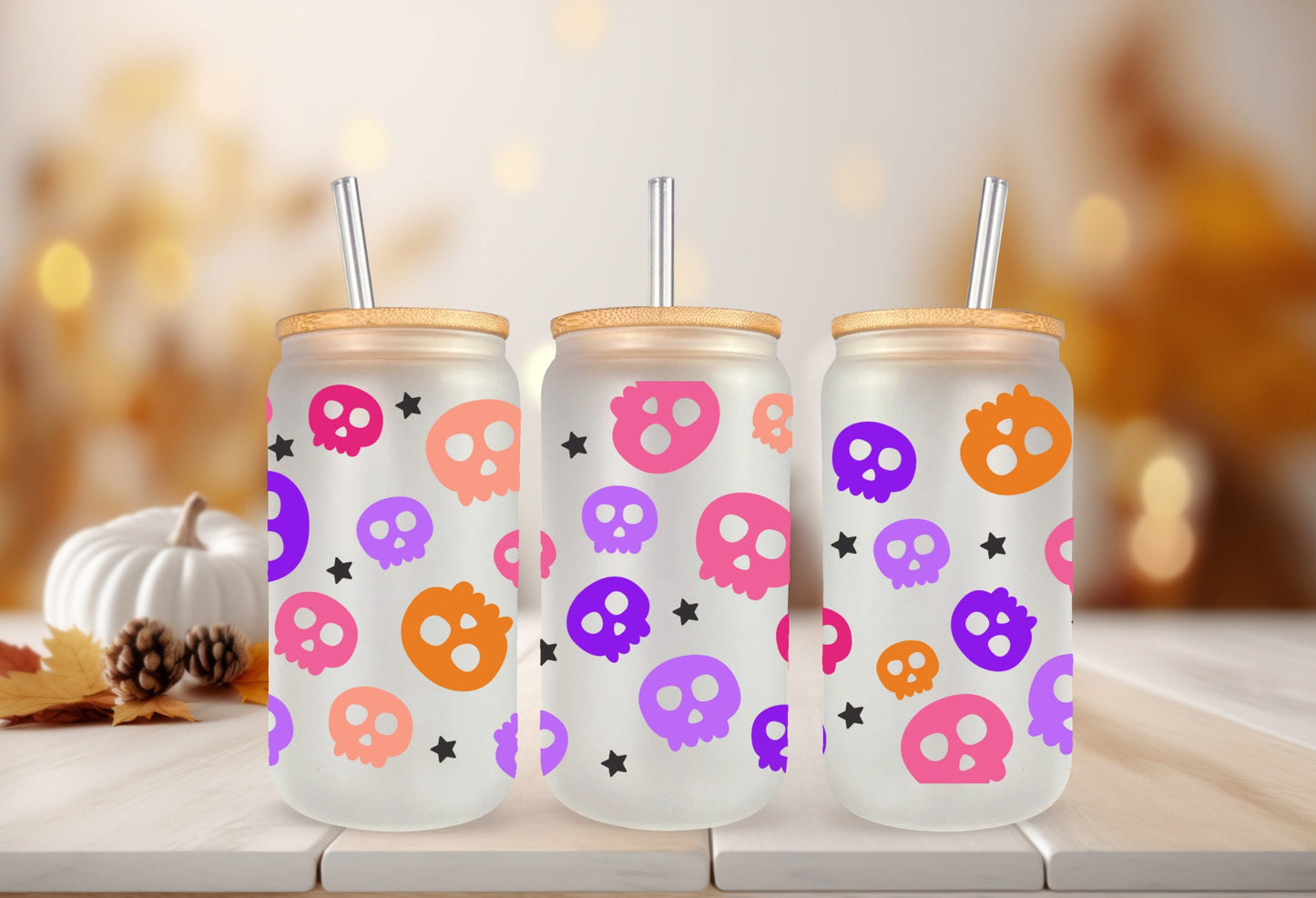 UVDTF Wrap Colorful Skull  for 16oz Can Glass, Mug, or Tumbler, Halloween Candy, Ready to apply, Permanent Adhesive Waterproof