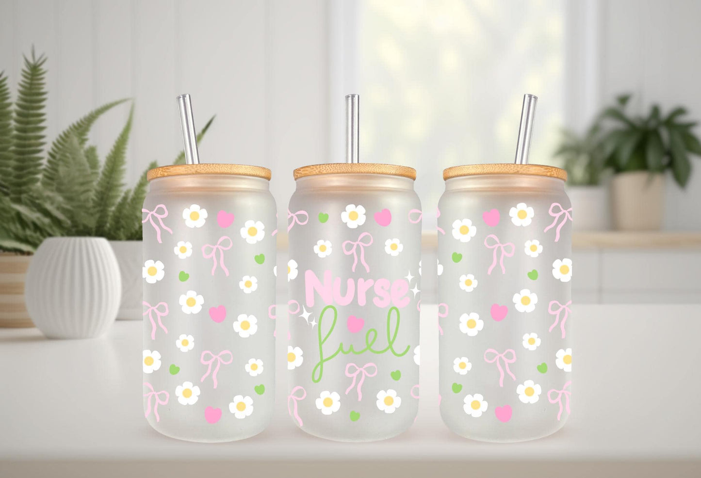 UVDTF Wrap Nurse Fuel Pastel Bow 16oz Can Glass Mug Tumbler, Medical Wrap, Ready to Apply, Permanent Waterproof Adhesive