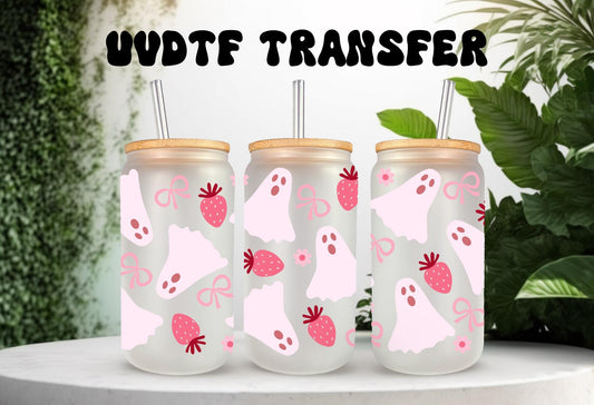UVDTF Wrap Strawberry Boo Bow 16oz Can Glass Wrap Mug Tumbler, Nail Polish Wrap, Ready to Apply, Permanent Waterproof Adhesive