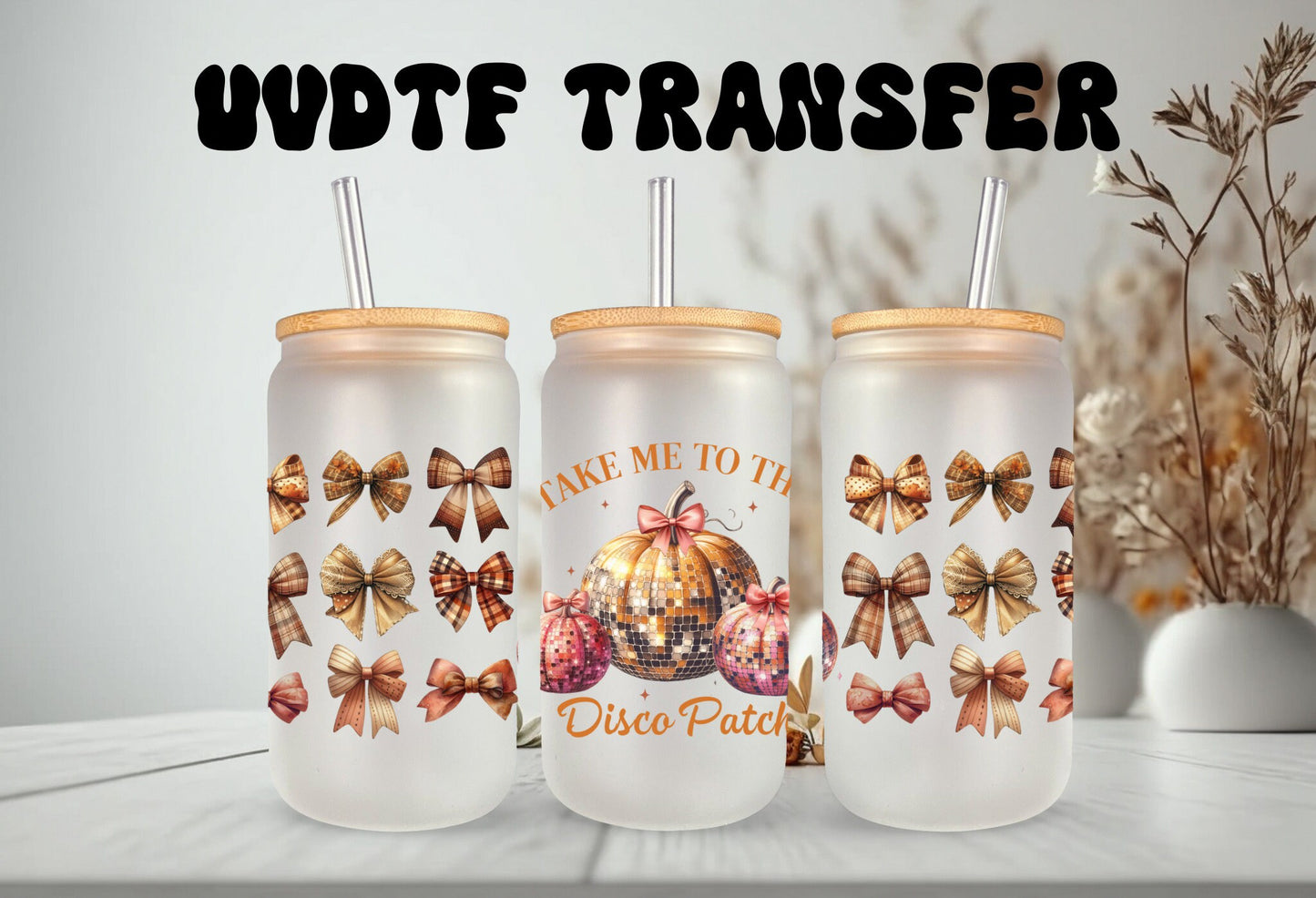UVDTF Wrap Pumpkin Take Me to the Disco Patch for 16oz Can Glass Mug Tumbler, Ready to apply, Permanent Waterproof Adhesive, Double Sided option