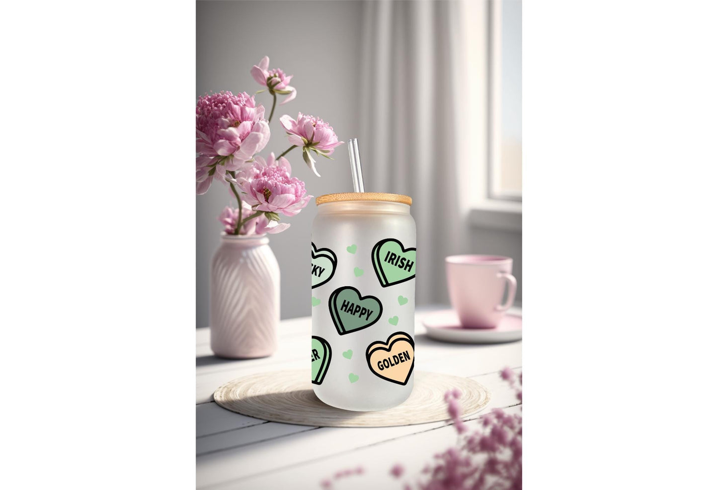 UVDTF Wrap St.Patrick Conversation Hearts 16oz Can Glass Mug Tumbler, Heart Wrap, Ready to apply, Permanent Waterproof Adhesive