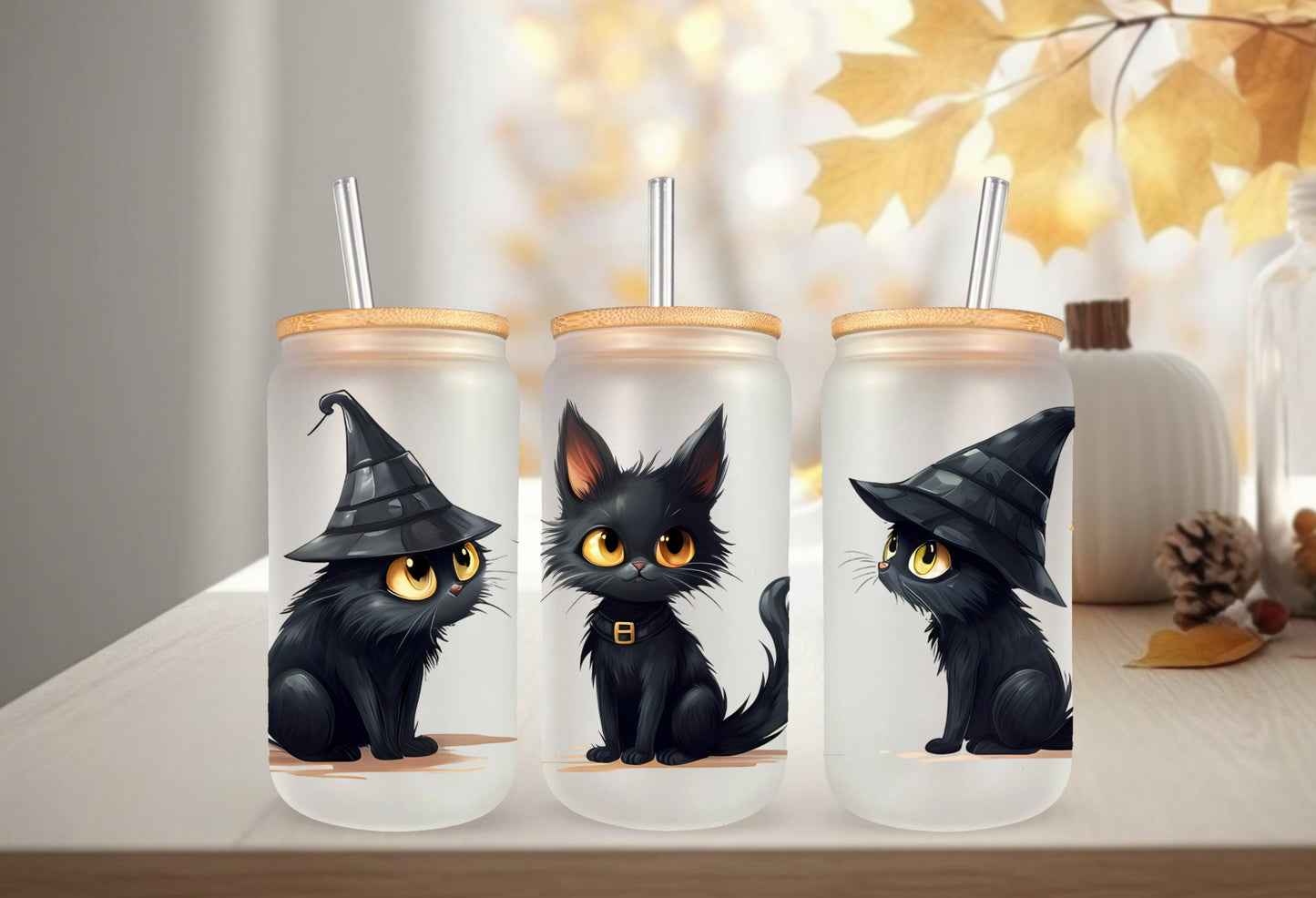 UVDTF Wrap Witch Black Cat 16oz Can Glass Mug Tumbler, Halloween wrap, Double Sided Print Option, Ready to Apply, Permanent Waterproof Adhesive