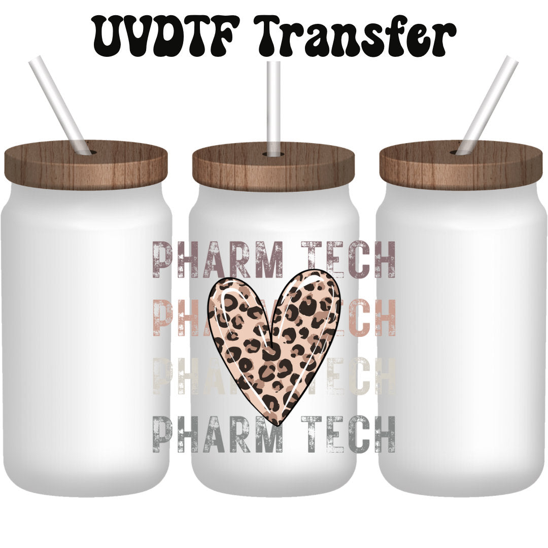 UVDTF Decal Pharm Tech Leopard Heart, 16oz Can Glass, Mug, Tumbler, Shot glass, or Keychain, Ready to Apply, Permanent Adhesive Waterproof