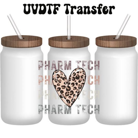 UVDTF Decal Pharm Tech Leopard Heart, 16oz Can Glass, Mug, Tumbler, Shot glass, or Keychain, Ready to Apply, Permanent Adhesive Waterproof
