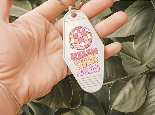 UVDTF Keychain Retro Sparkle Then Ignore  Decal, Motel Keychain Ready to Apply, UVDTF Motel Keychain Decal,  1 Only/Set of 5 Keychain Decals
