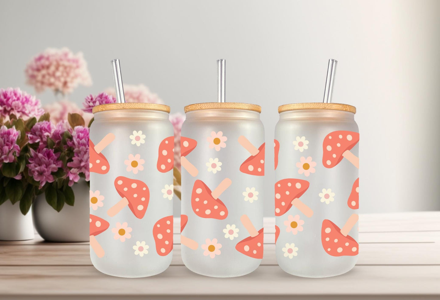 UVDTF Wrap Floral Mushrooms 16oz Can Glass Mug Tumbler, Ready to Apply, Permanent Waterproof Adhesive