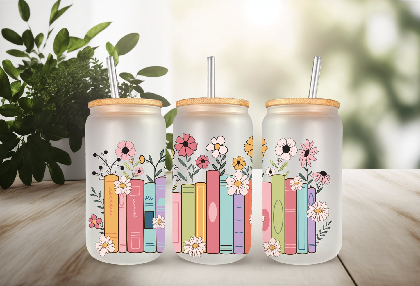 UVDTF Wrap Floral Books 16oz Can Glass Mug Tumbler Wrap, Book Wrap, Ready to Apply, Permanent Adhesive, Double Sided Print