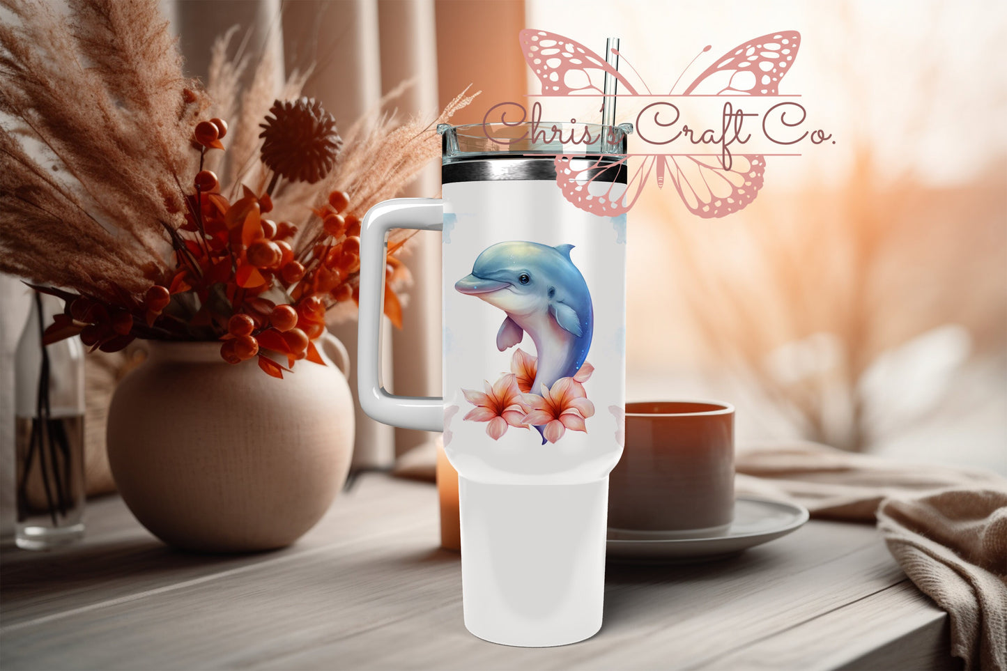 UVDTF Wrap Floral Dolphin 16oz Can Glass Mug Tumbler, Ready to Apply, Permanent Waterproof Adhesive