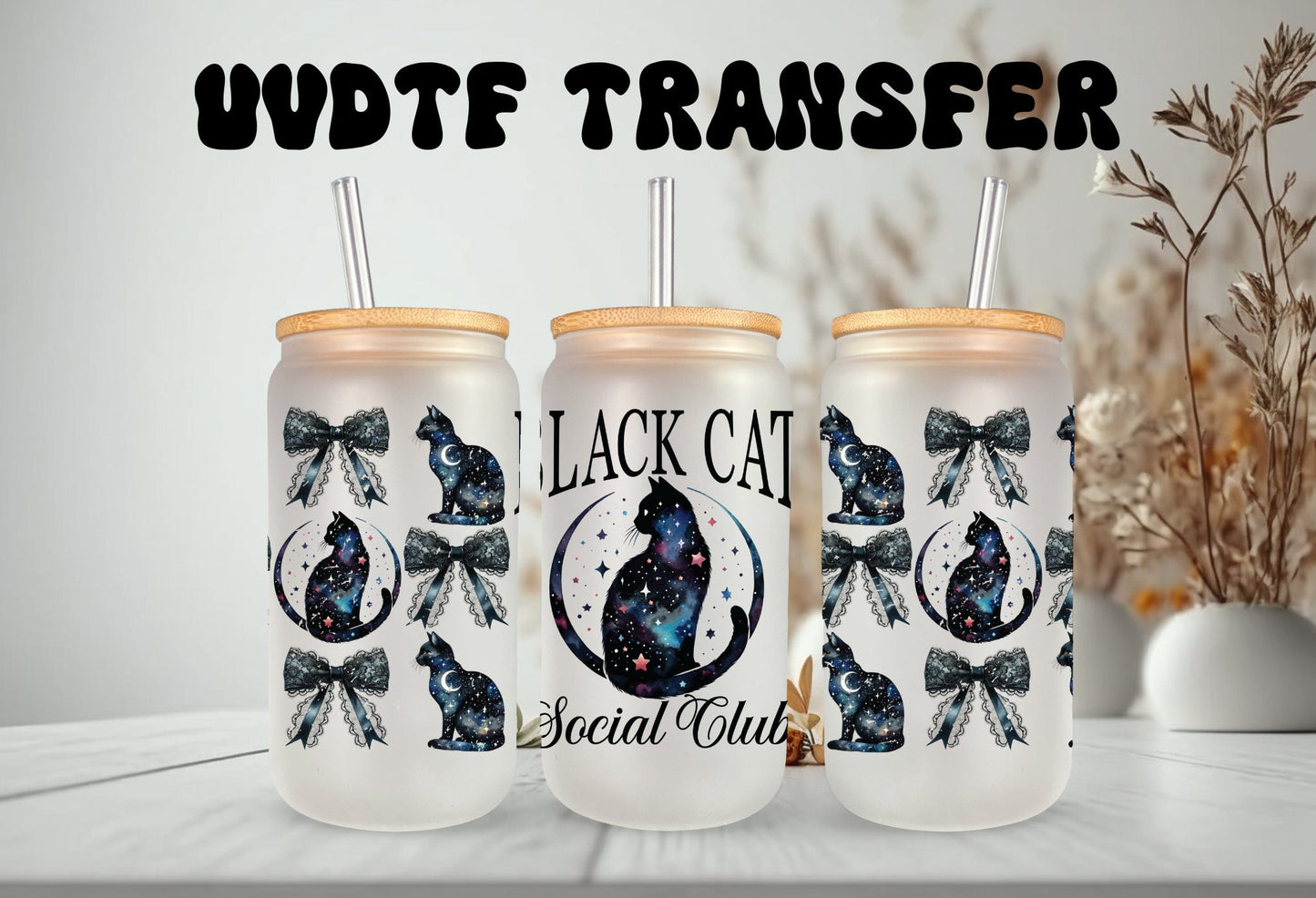 UVDTF Wrap Black Cat Social Club Coquettes Bows 16oz Can Glass Mug Tumbler, Ready to apply, Permanent Waterproof Adhesive